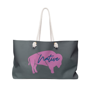 Gray Native Bison Pink with Blue text Weekender Bag