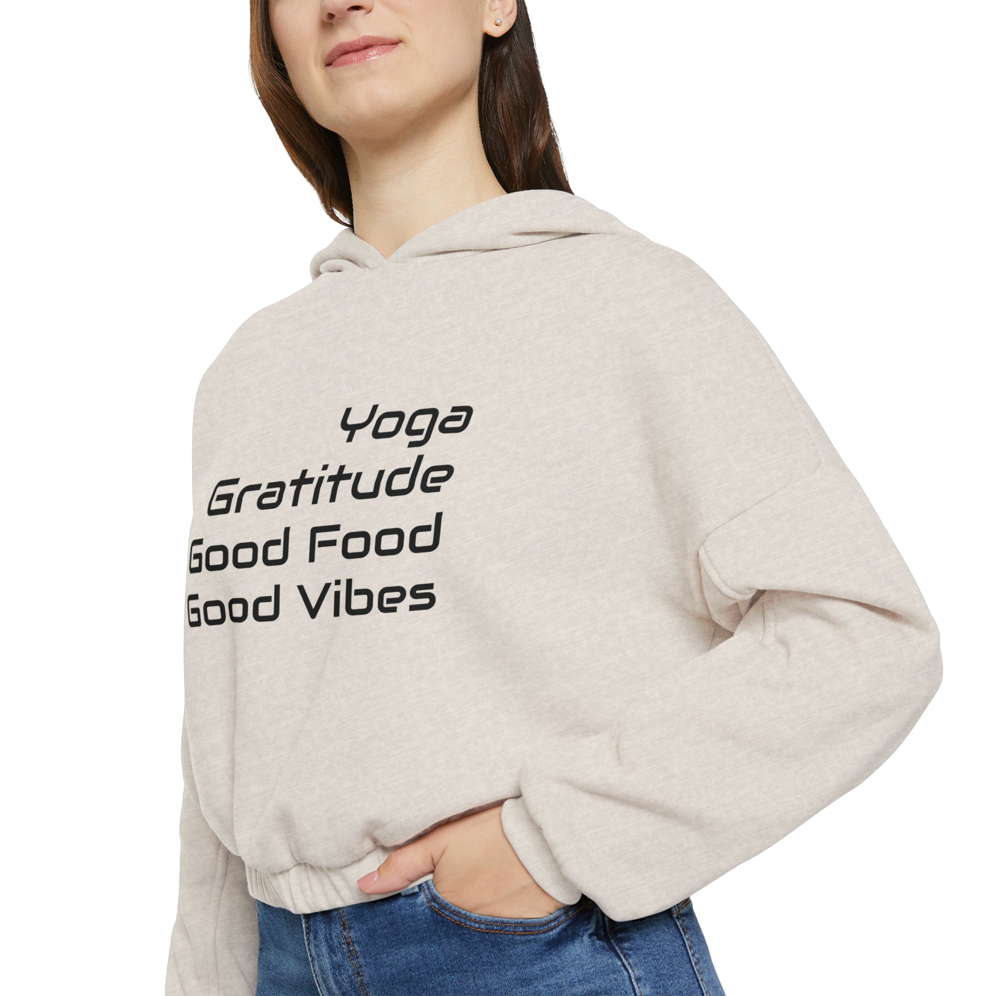 Yoga, Gratitude, Good Food and Good Vibes Cropped Women's Cinched Bottom Hoodie, Green, Gray, Black, Tan