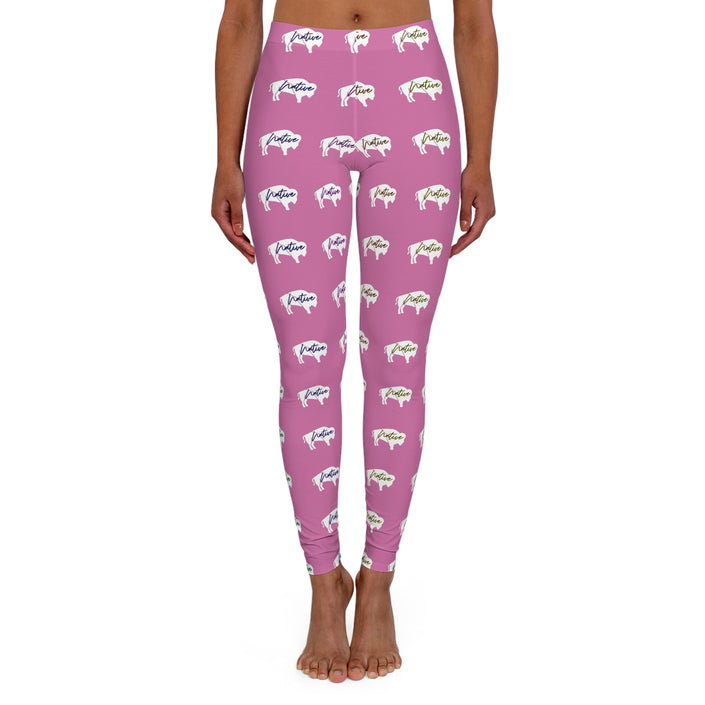 White Innii-Bison with Rainbow Colored Text Pink-Women's Spandex Leggings