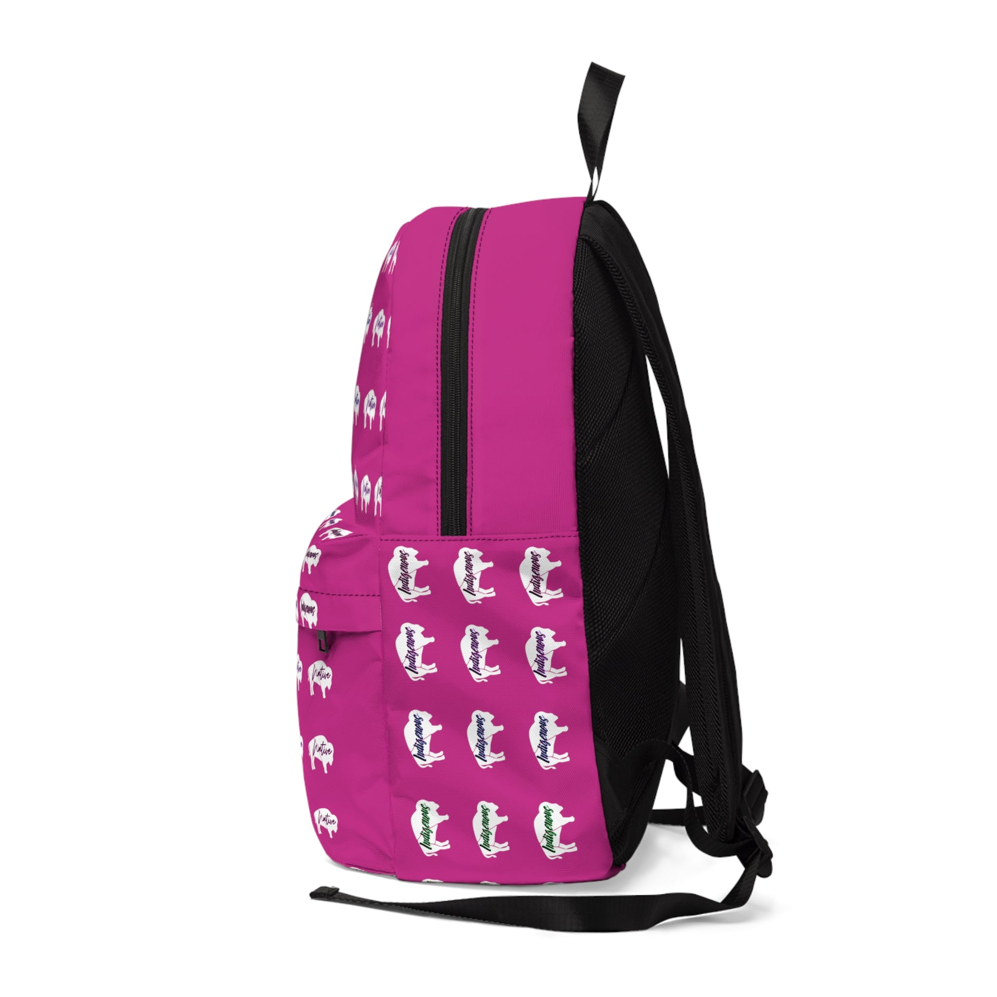 White Innii-Bison Pink Backpack with Rainbow Native Indigenous Text Unisex Classic Backpack