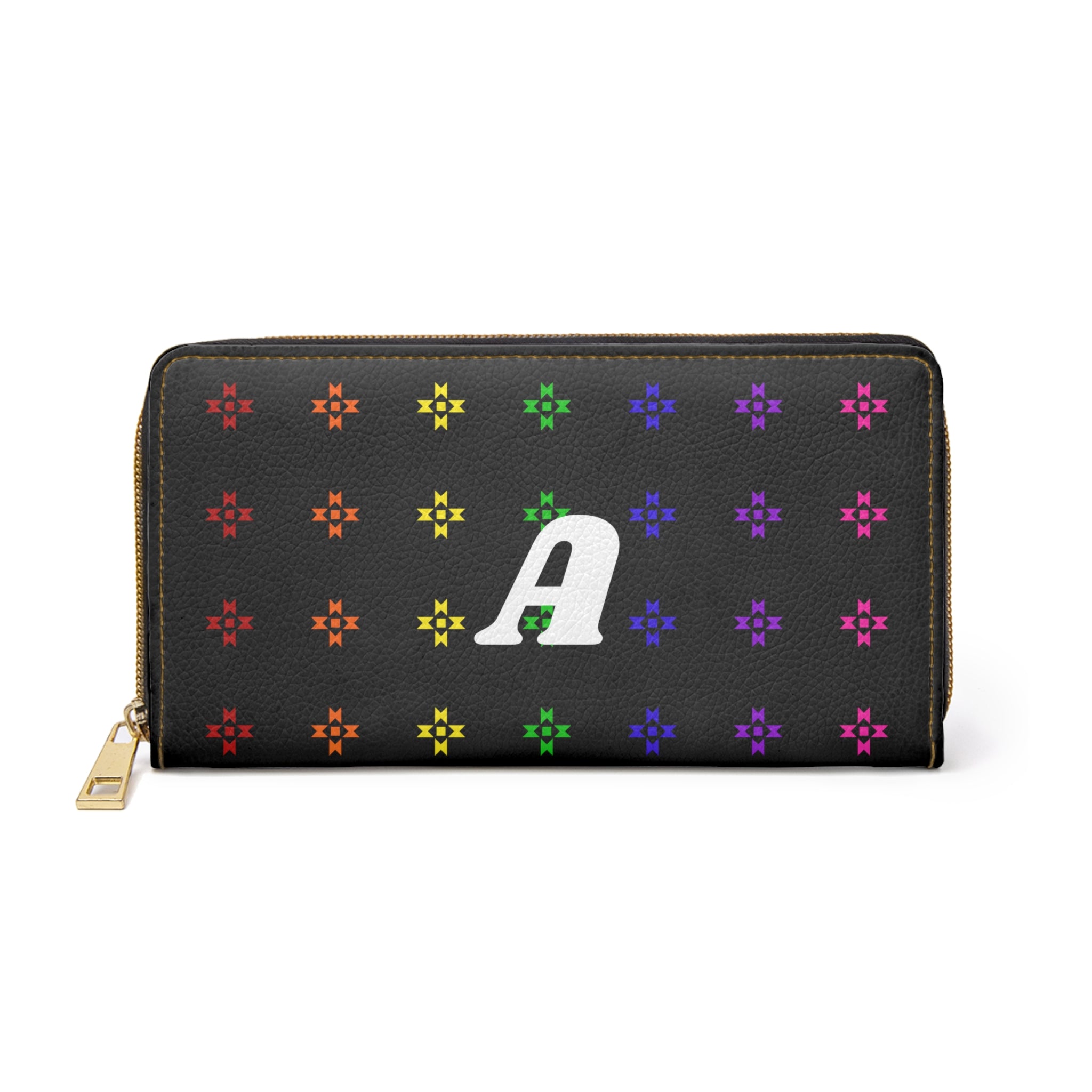 Rainbow Native Stars Womens Wallet, Black Personalized with White Initial A-Z, Initialized Zipper Wallet