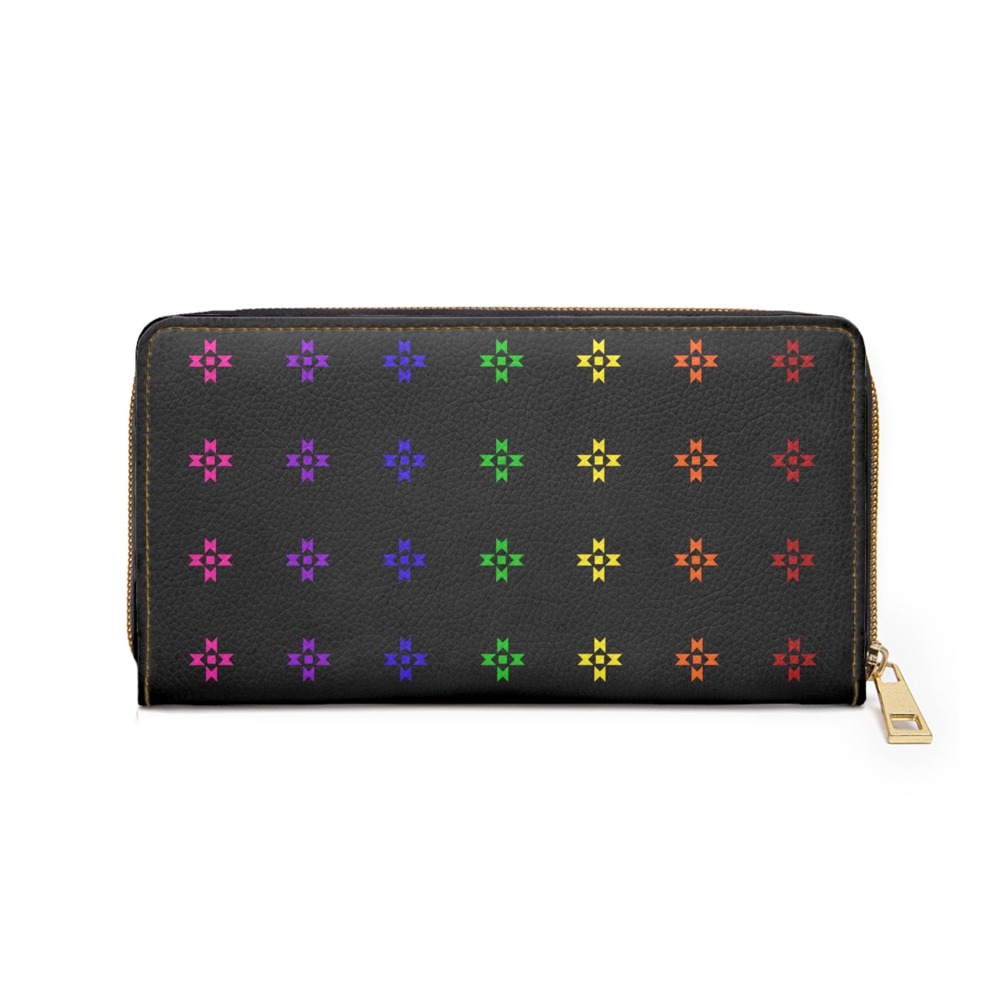 Rainbow Native Stars Womens Wallet, Black Personalized with White Initial A-Z, Initialized Zipper Wallet