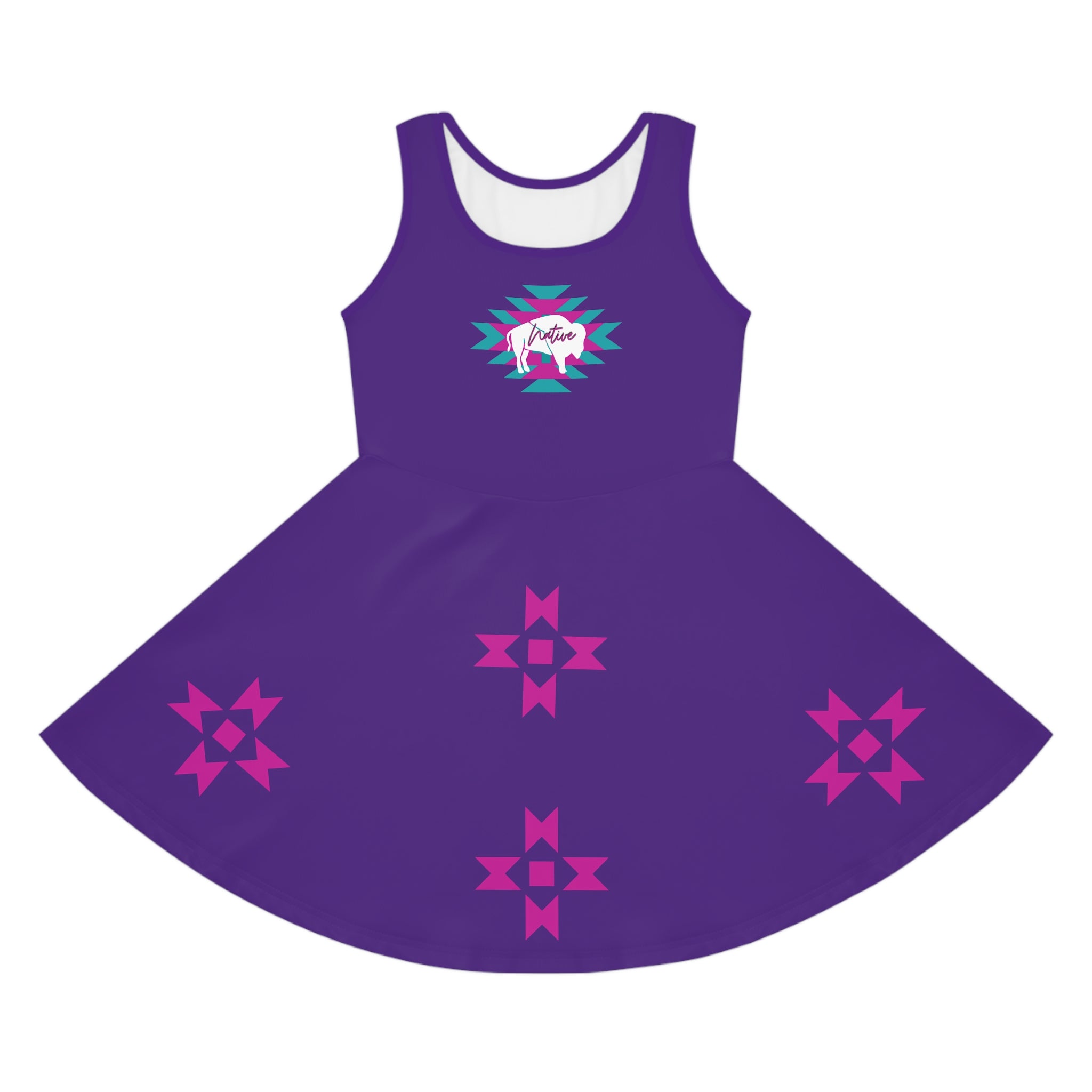 White Bison on Pink and Teal Native Pattern Girls' Sleeveless Sundress