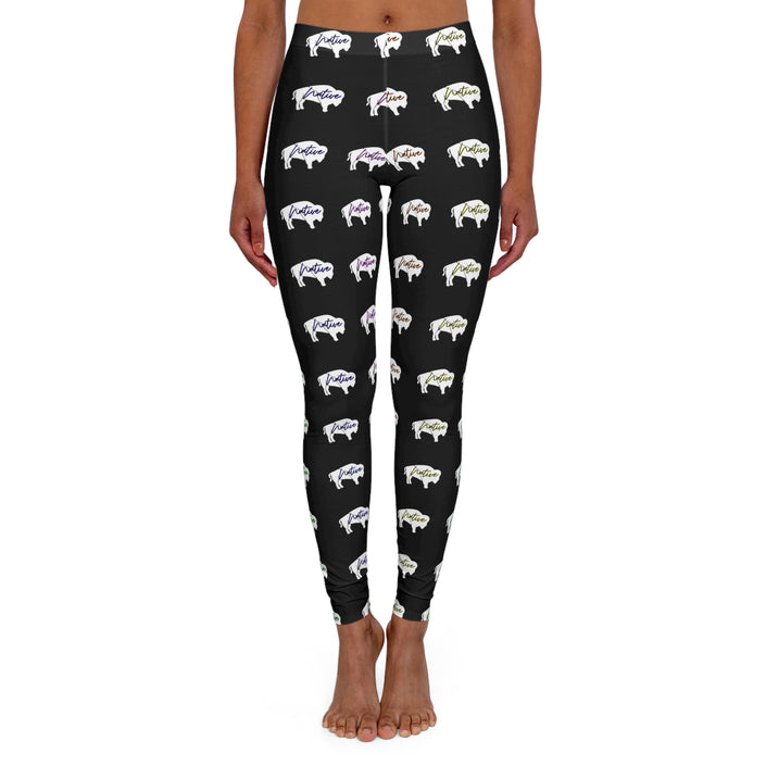 White Innii-Bison with Rainbow Colored Text Black Women's Spandex Leggings