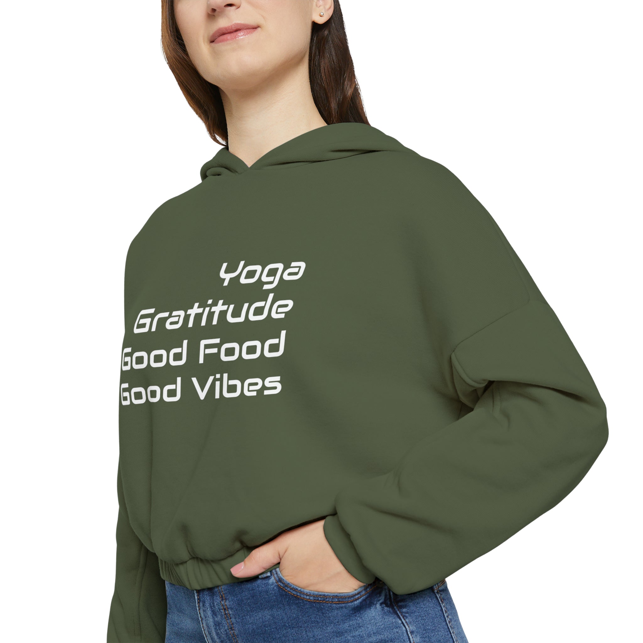Yoga, Gratitude, Good Food and Good Vibes Cropped Women's Cinched Bottom Hoodie, Green, Gray, Black, Tan