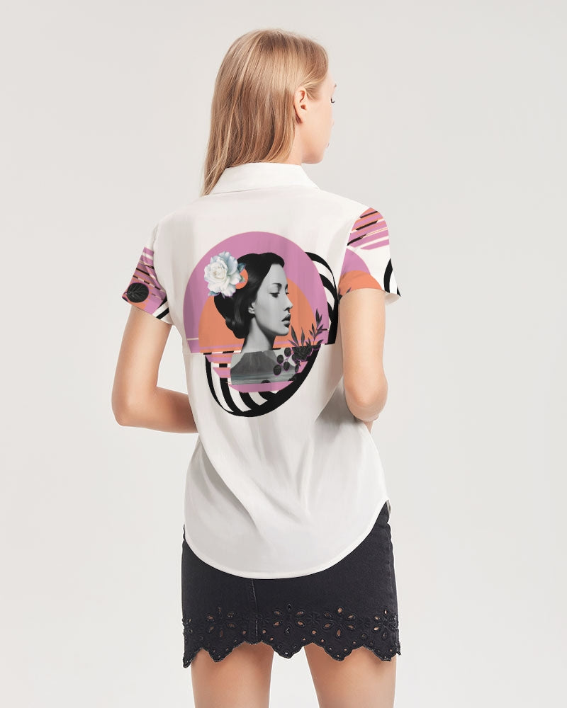 White with Vintage Pink, Orange, and Black Graphic, Women's All-Over Print Short Sleeve Button Up