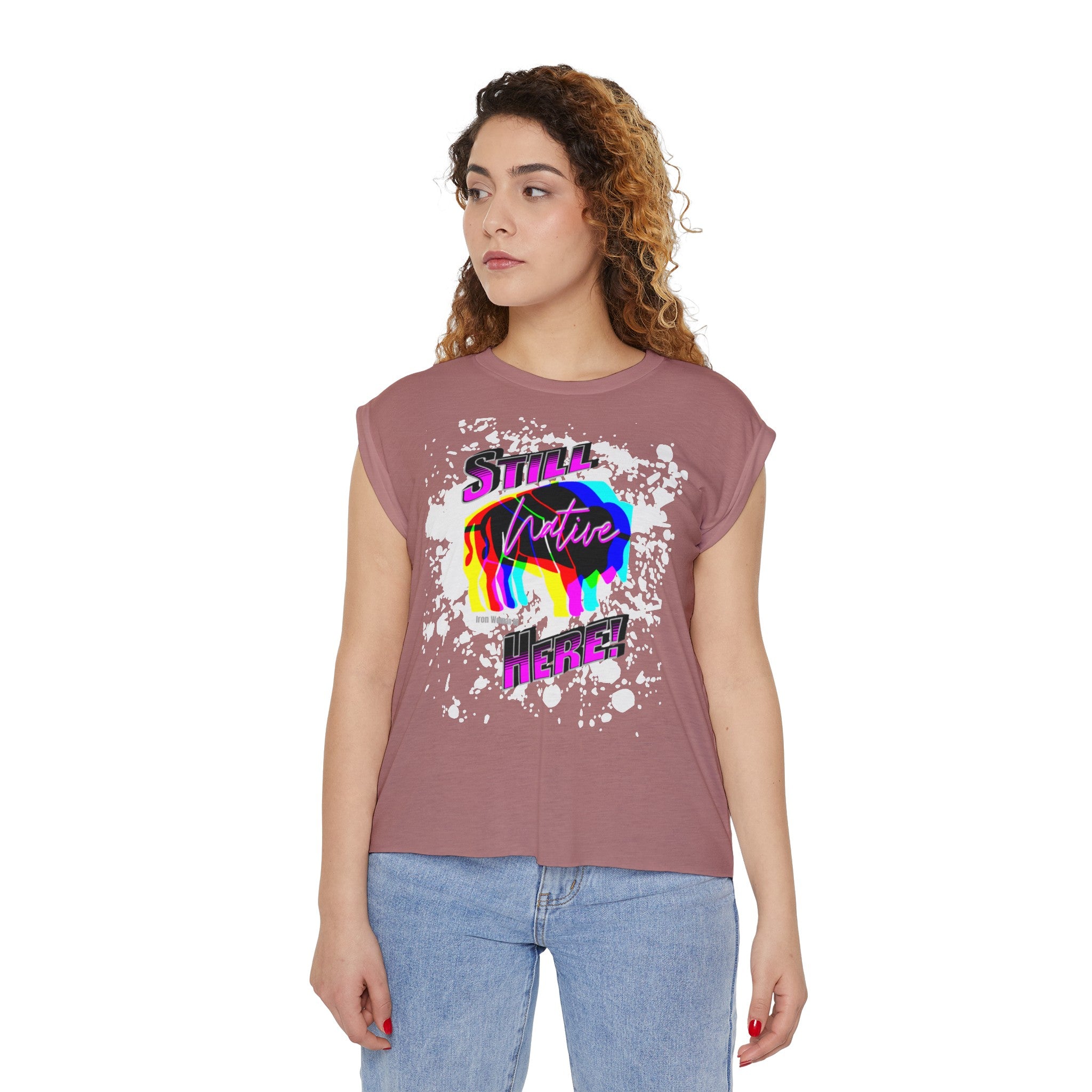 Native Innii aka Bison Graphic, Still Here, Native Pride, White, Mauve, Black, Teal or Grey, Women’s Flowy Rolled Cuffs Muscle Tee