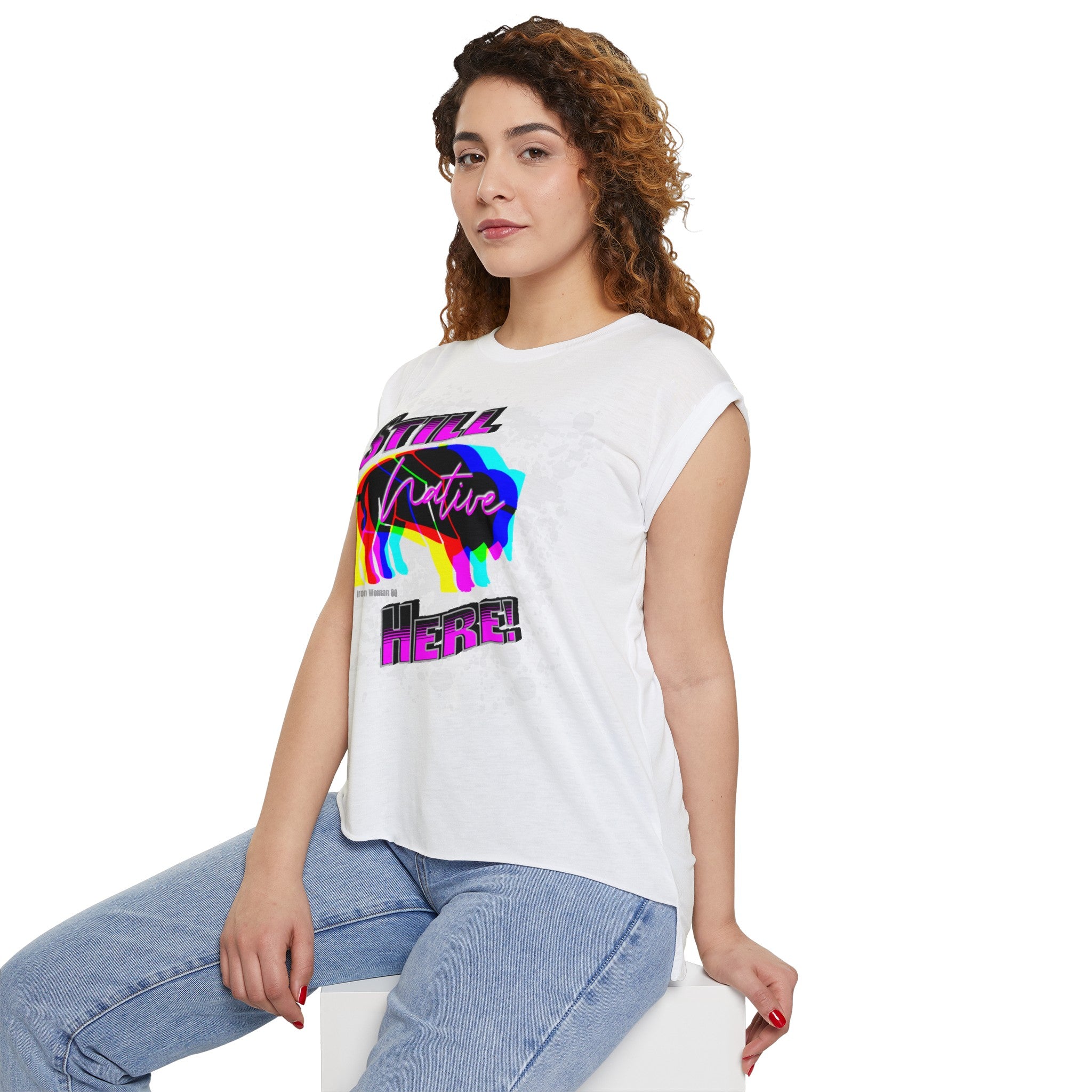 Native Innii aka Bison Graphic, Still Here, Native Pride, White, Mauve, Black, Teal or Grey, Women’s Flowy Rolled Cuffs Muscle Tee