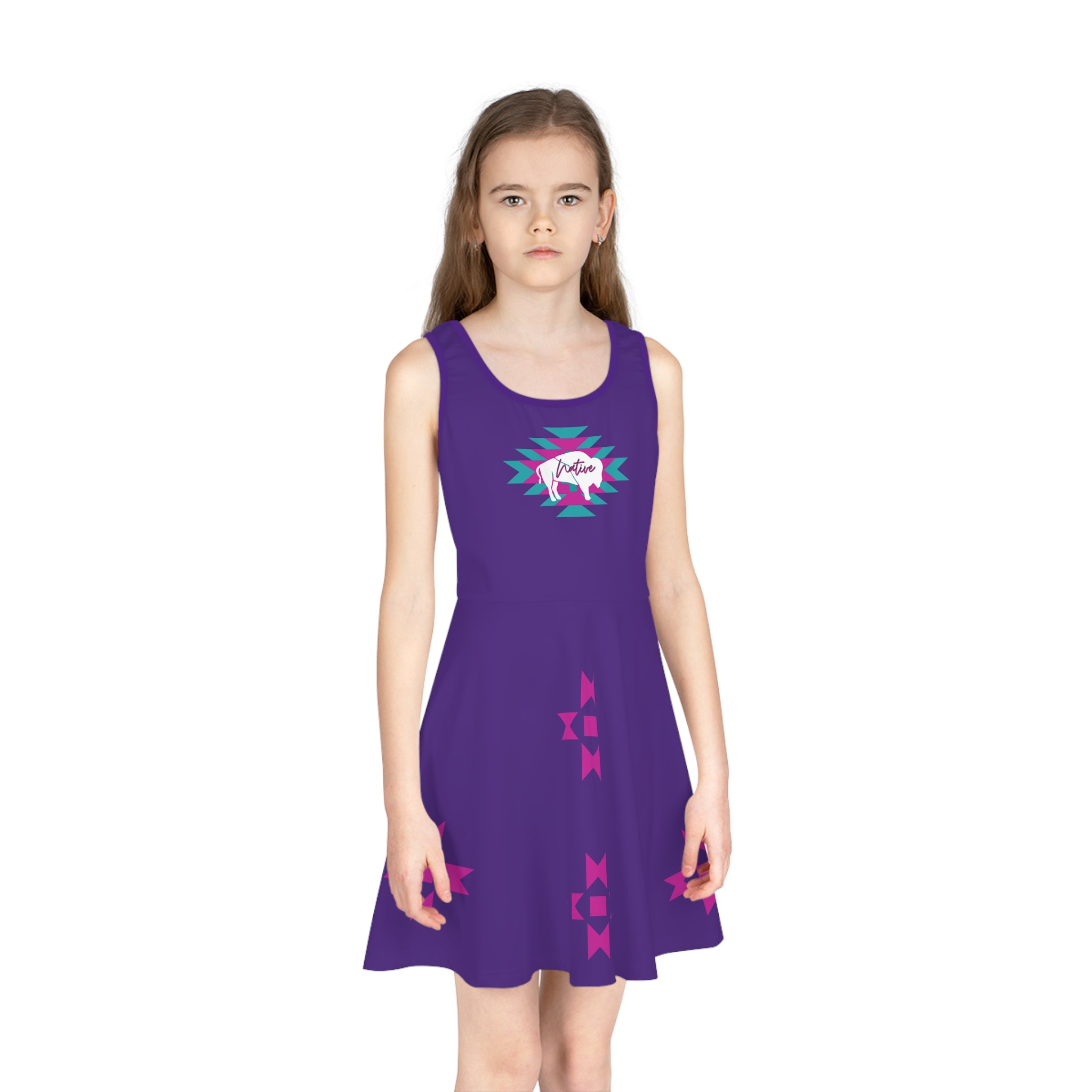 White Bison on Pink and Teal Native Pattern Girls' Sleeveless Sundress