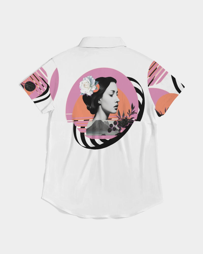 White with Vintage Pink, Orange, and Black Graphic, Women's All-Over Print Short Sleeve Button Up
