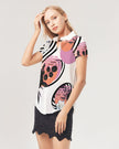 White with Vintage Pink, Orange, and Black Graphic, Women's All-Over Print Short Sleeve Button Up