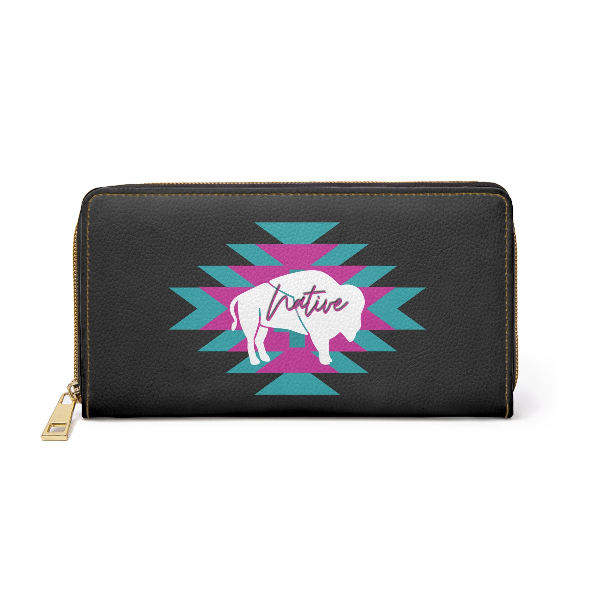 Native Bison with pink and teal pattern Zippered Wallet