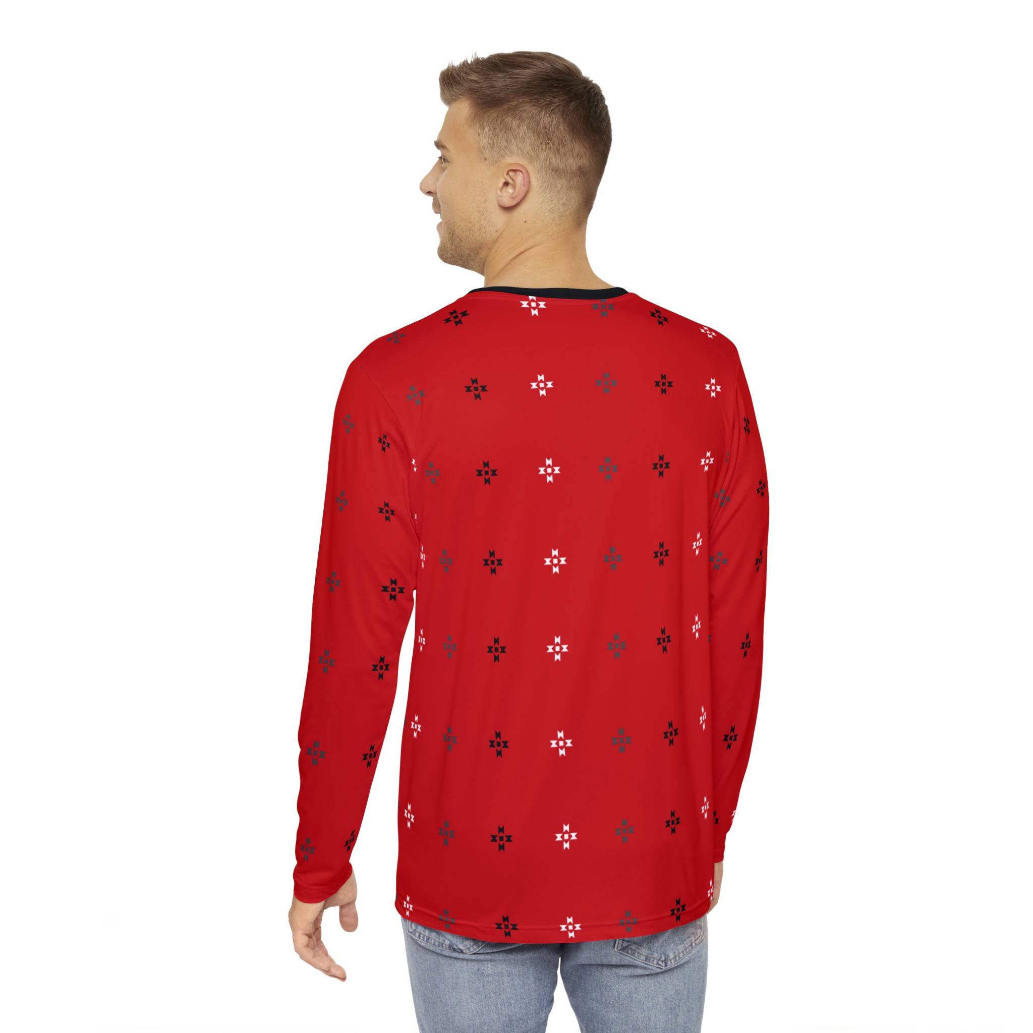 Red Native Stars Pattern Men's Long Sleeve Shirt (AOP)
