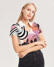 White with Vintage Pink, Orange, and Black Graphic, Women's All-Over Print Short Sleeve Button Up