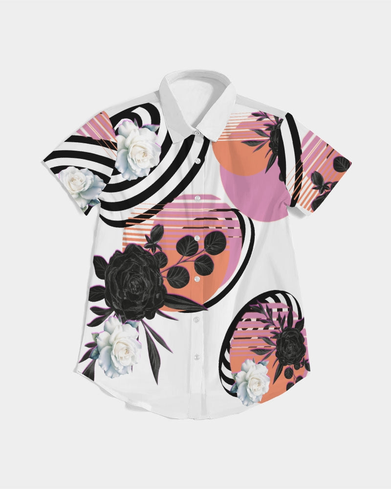 White with Vintage Pink, Orange, and Black Graphic, Women's All-Over Print Short Sleeve Button Up