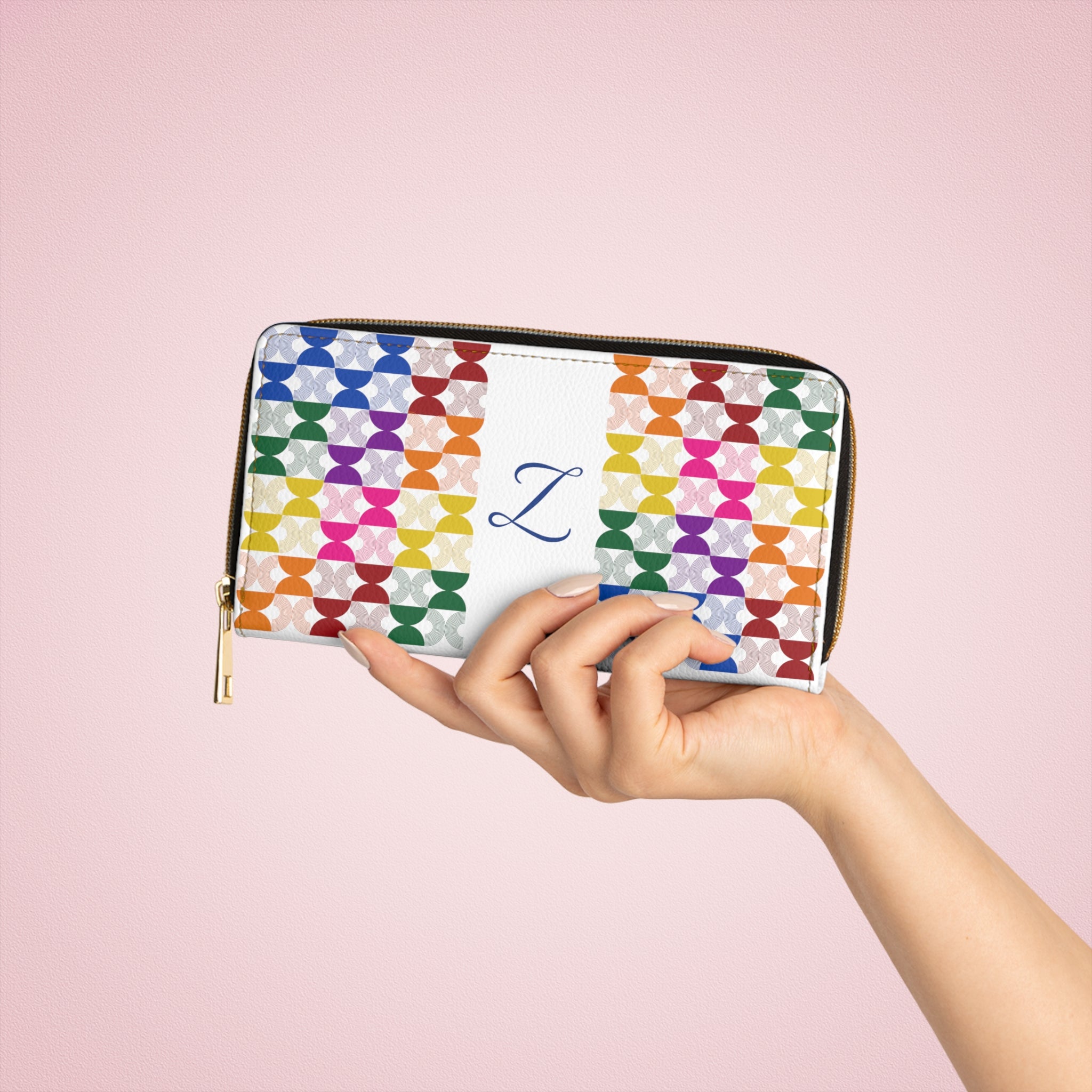 Personalized Womens Wallet, Rainbow Mid Century Modern, White with Initial A-Z, Zippered Wallet