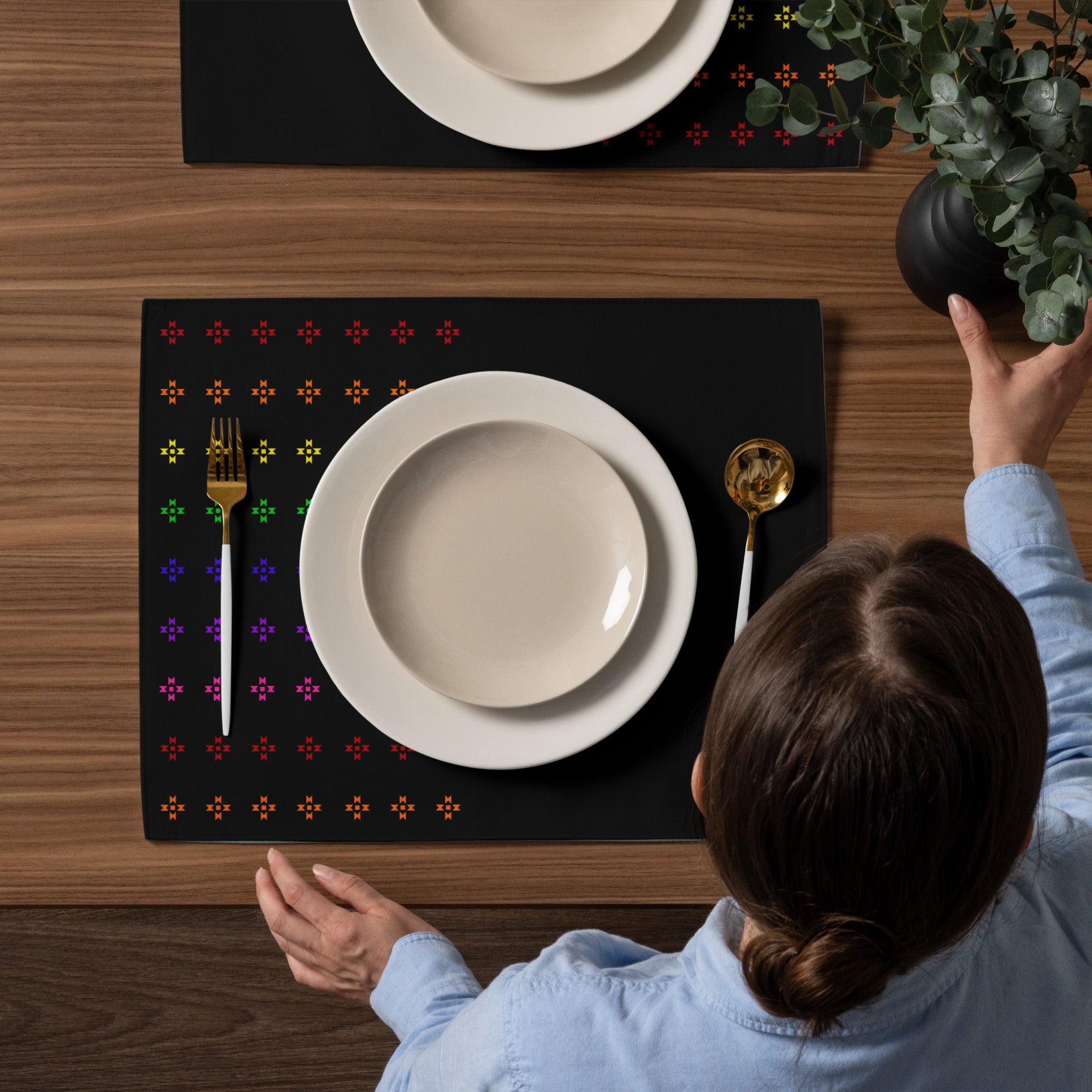 Black Rainbow Native Star Pattern, Breakfast, Lunch, Dinner Placemat Set