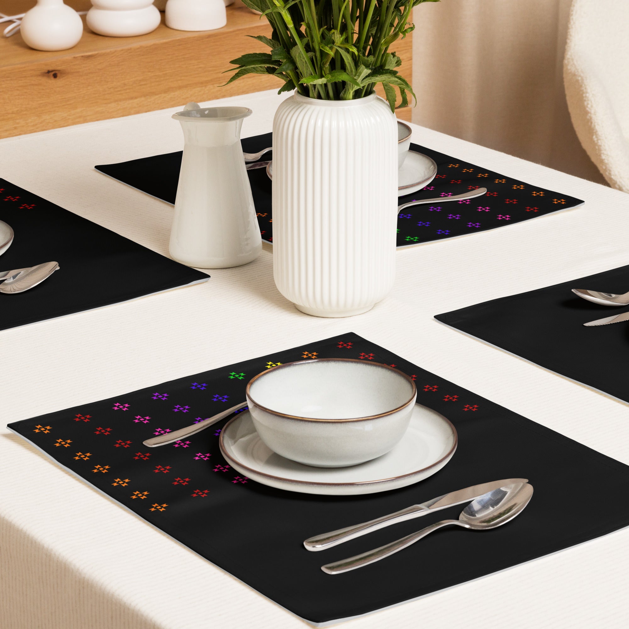 Black Rainbow Native Star Pattern, Breakfast, Lunch, Dinner Placemat Set