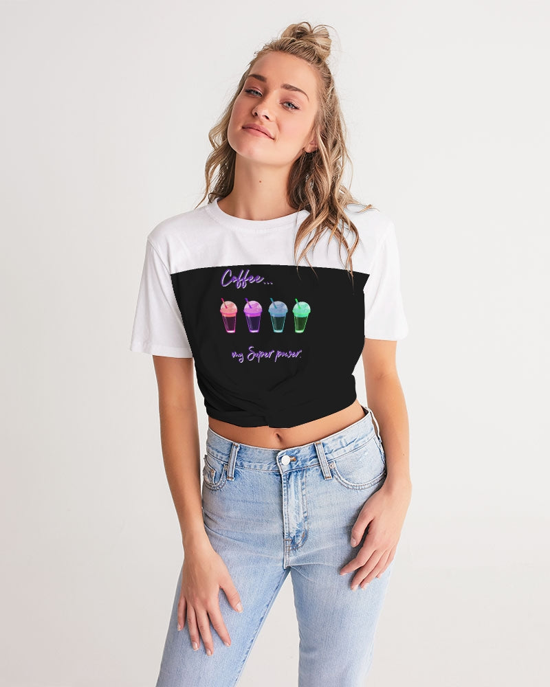 Coffee is my Superpower! Black Women's Twist-Front Cropped Tee