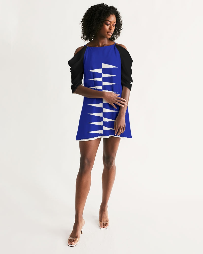 Native Print White on Blue and Black Women's Open Shoulder A-Line Dress