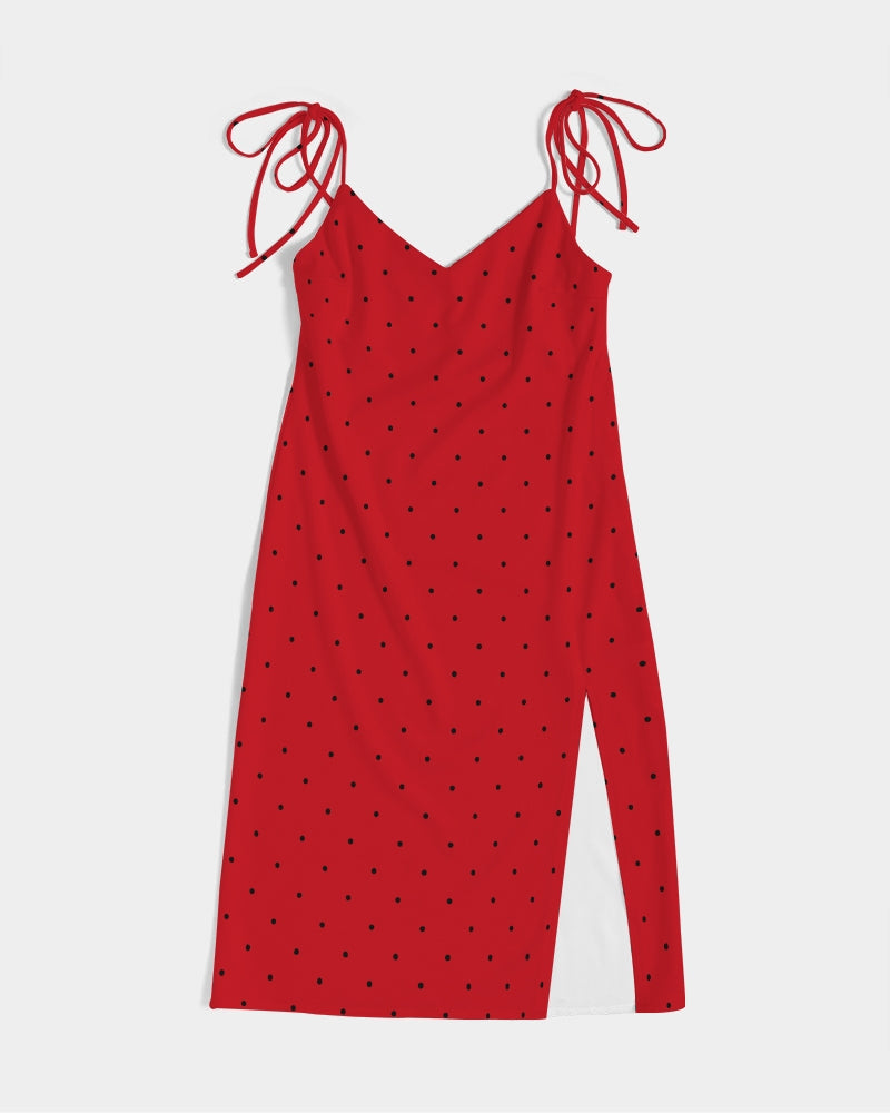 Black Polka dots on Red Women's Tie Strap Split Dress