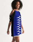 Native Print White on Blue and Black Women's Open Shoulder A-Line Dress