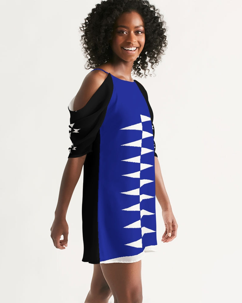 Native Print White on Blue and Black Women's Open Shoulder A-Line Dress