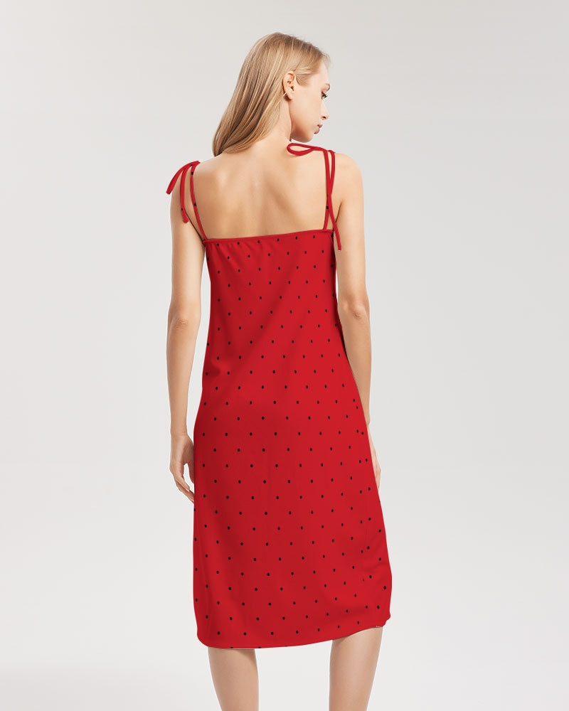 Black Polka dots on Red Women's Tie Strap Split Dress