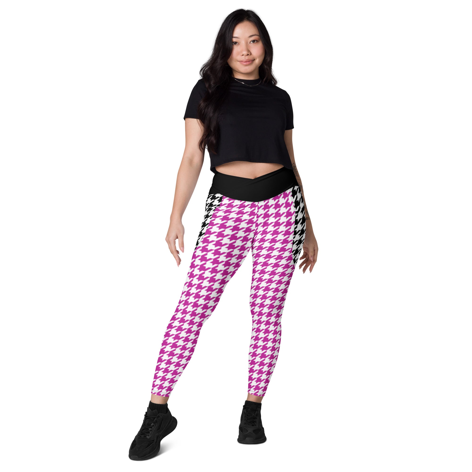 Pink and Black Houndstooth pattern Positive Vibes Crossover leggings with pockets