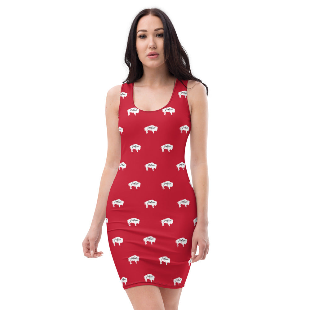 Native Bison White on Red Cut & Sew Dress
