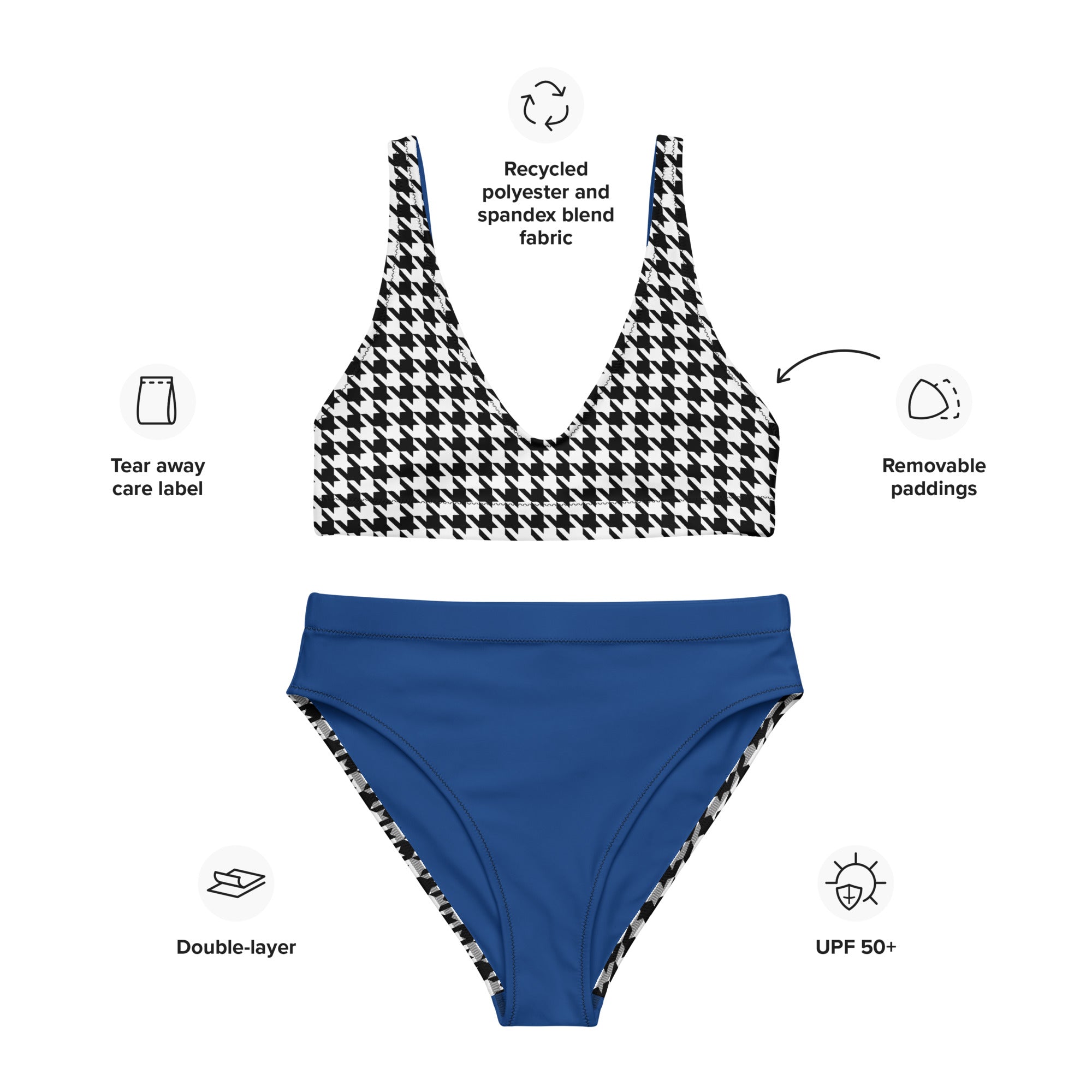 HT Positive Vibes Collection Women's Black White and Blue Recycled high-waisted bikini