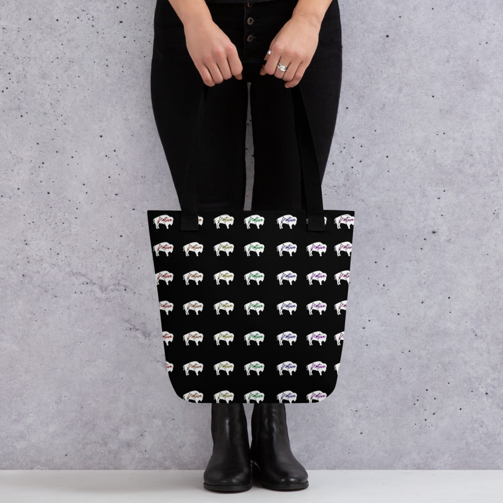 White Innii-Bison with Rainbow Colored Text Tote bag