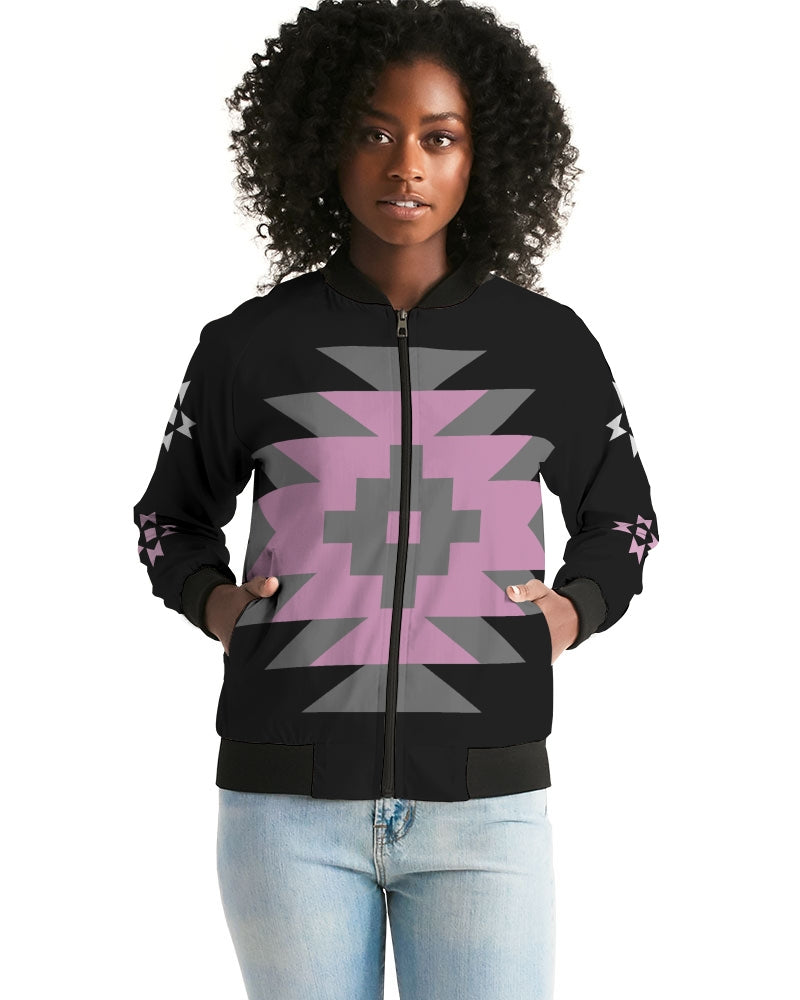 Native Pattern Pink, Gray and Black Women's Bomber Jacket