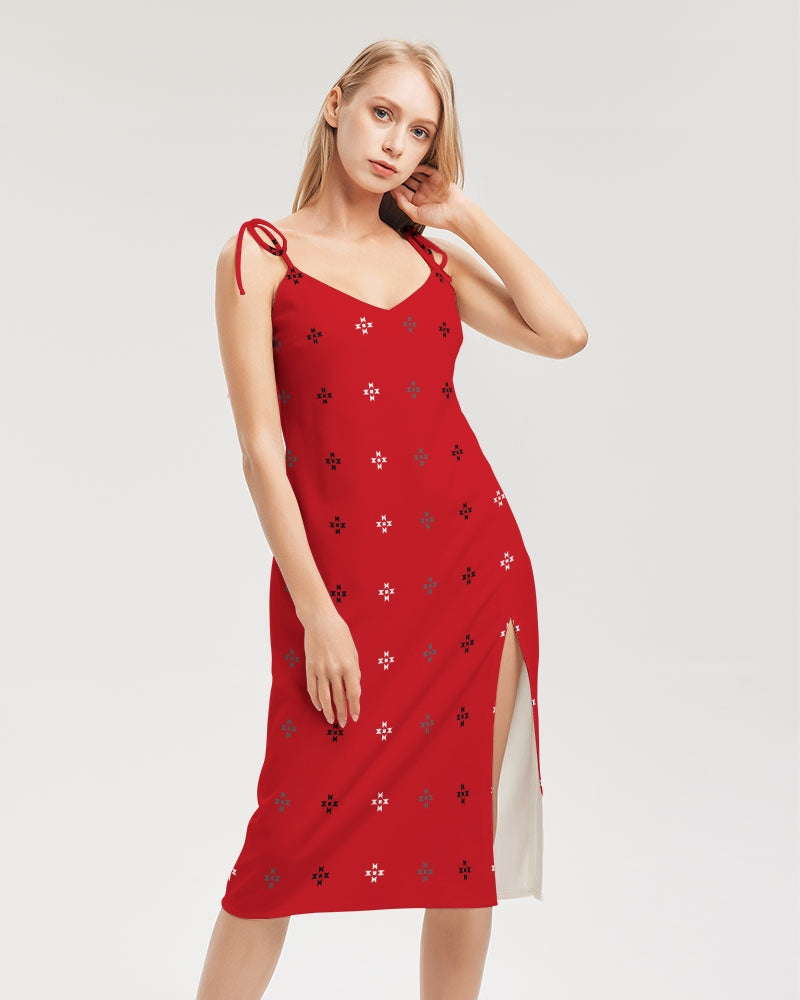 Native Stars Grayscale on Red Women's Tie Strap Split Dress