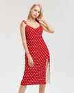 White Polka Dots on Red Women's Tie Strap Split Dress