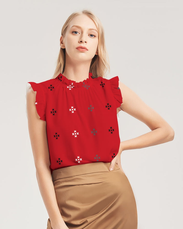 Native Stars Grayscale on Red Women's Ruffle Sleeve Top